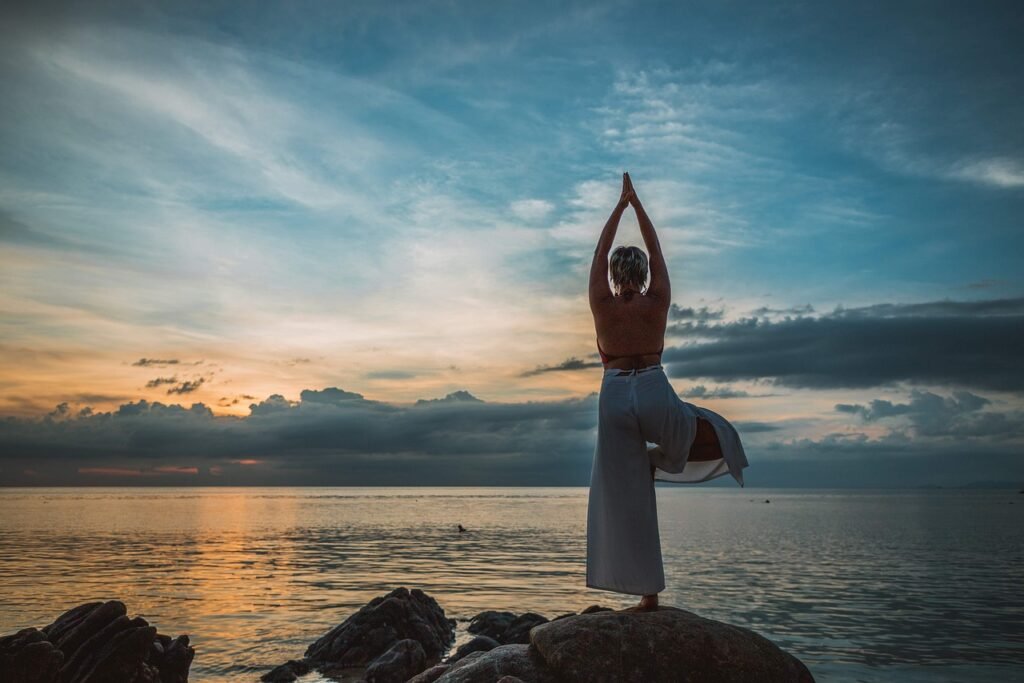 yoga, yoga pose, asana, sunset, woman, meditation, namaste, pose, meditate, healthy, fitness, lifestyle, body, relax, stretch, landscape, stretching, sea, ocean, sky, clouds, nature, international yoga day